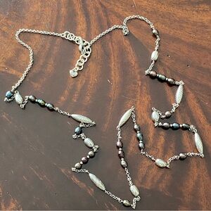 Brighton long necklace black pearl hammered silver